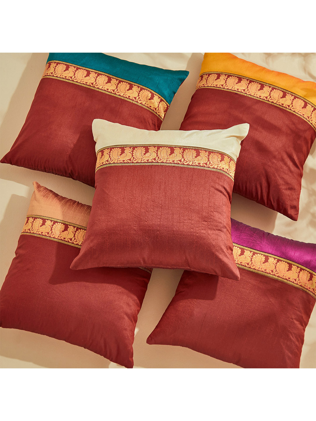 Home Centre Brocade Peafoul Ethnic Motifs Polyester 5 Pcs Zari Cushion Covers-16x16In