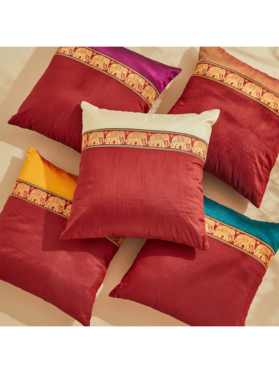 Home Centre Red Ethnic Motifs Polyester Washable 5 Pcs Zari Square Cushion Covers -16x16In