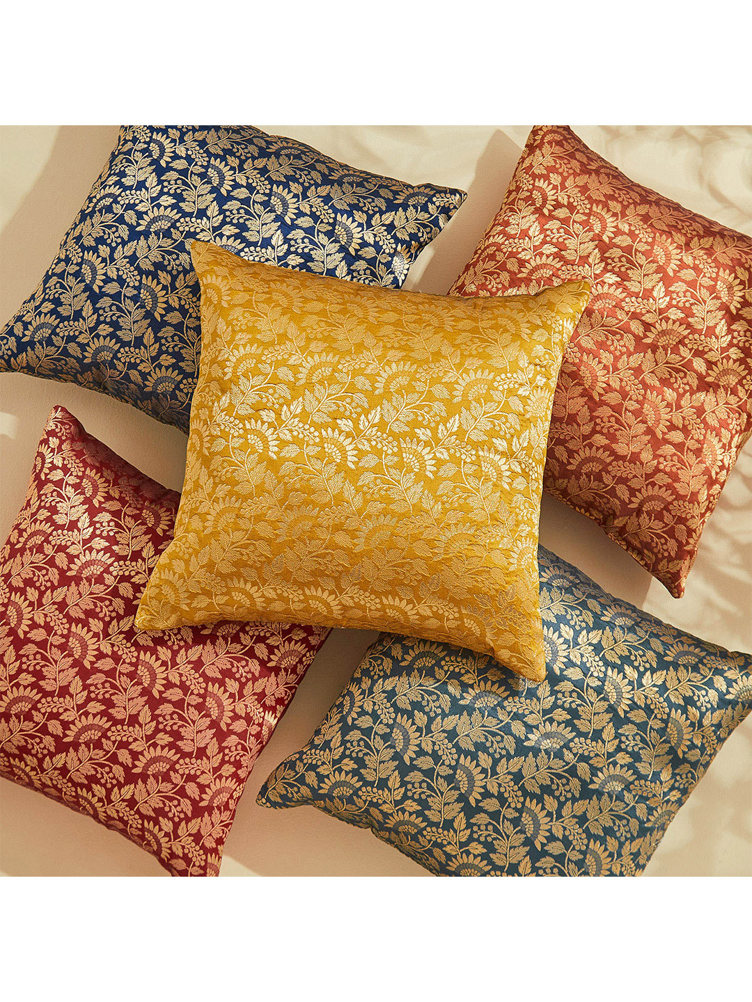 Home Centre Corsica Black & Red 5 Pieces Floral Printed Square Cushion Covers