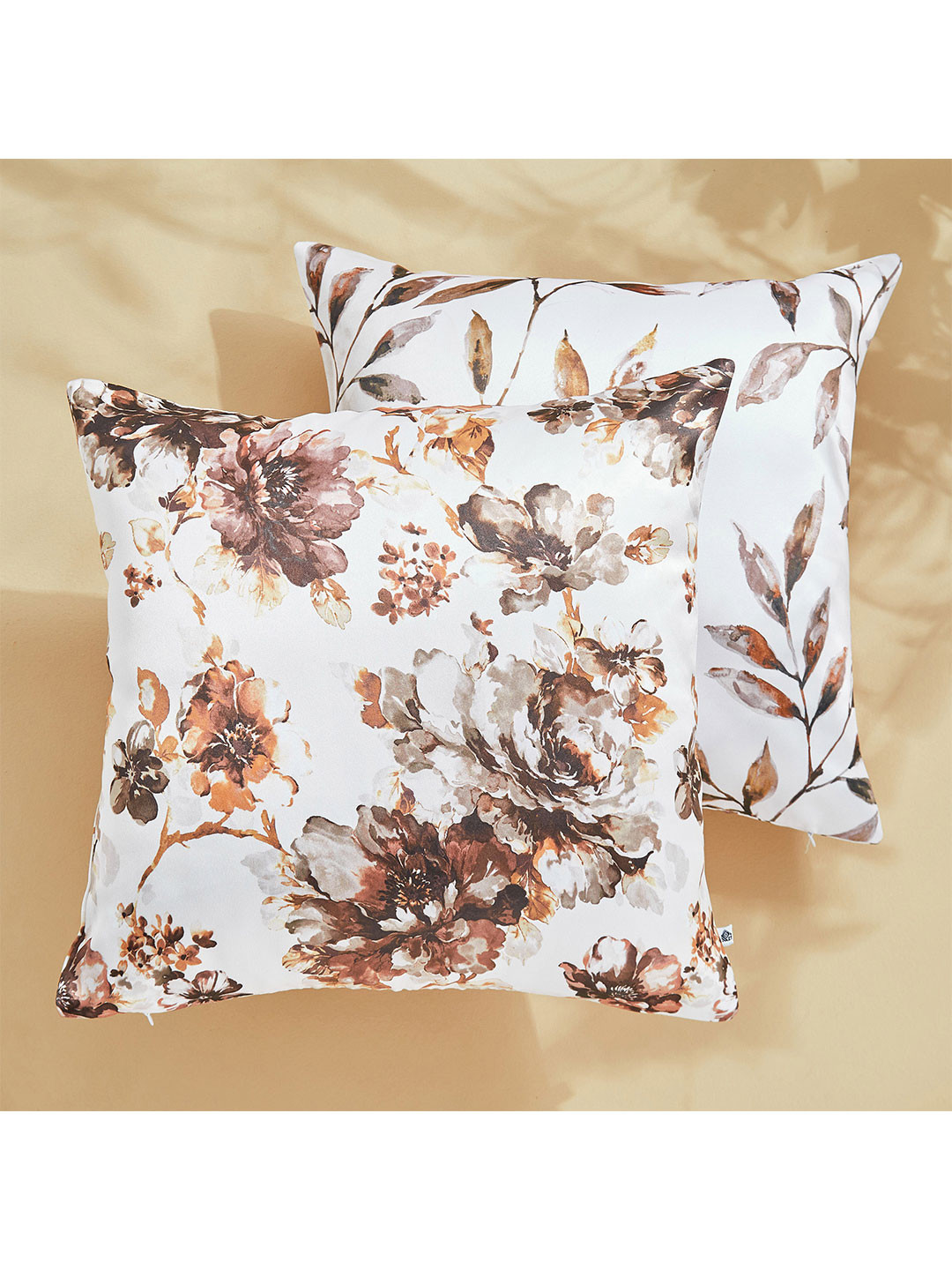 Home Centre Corsica Florish White & Brown 2 Pieces Floral Square Cushion Covers