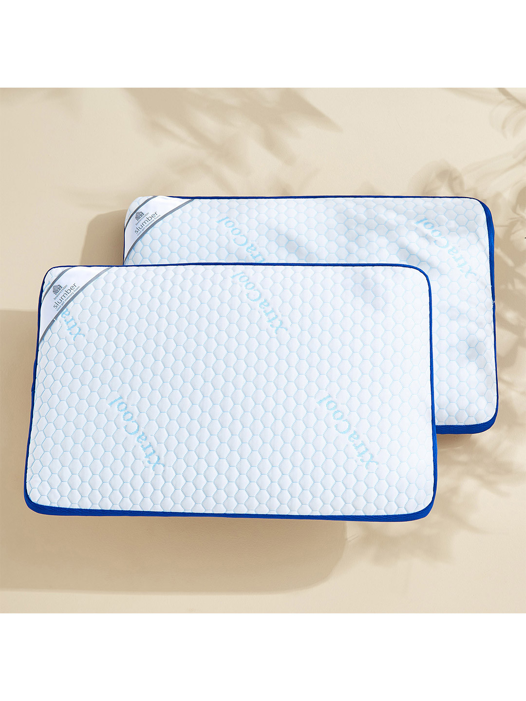 Home Centre Blue Solid Cotton Set of 2 Medium Memory Foam Sleep Pillow-25.4 x 45.72 x 45.72 cm