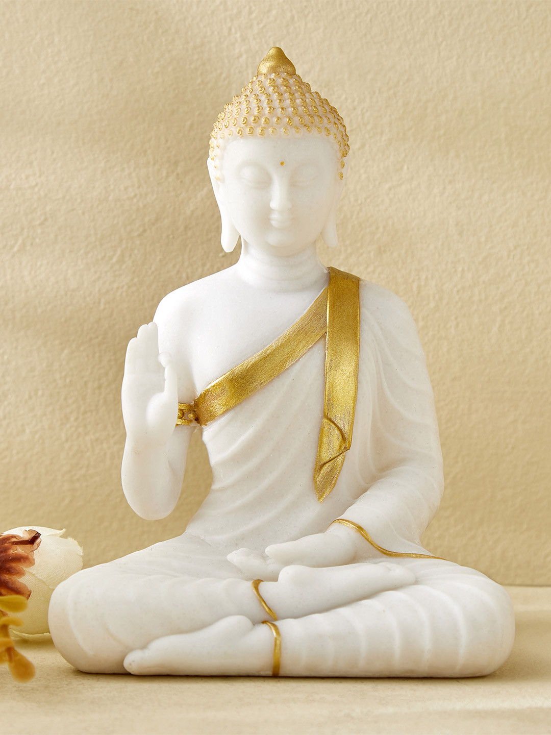 Home Centre Dhayana Noor Duri Sitting Buddha White Polyresin Natural Living Room Medium Showpiece - 5.7 Inches