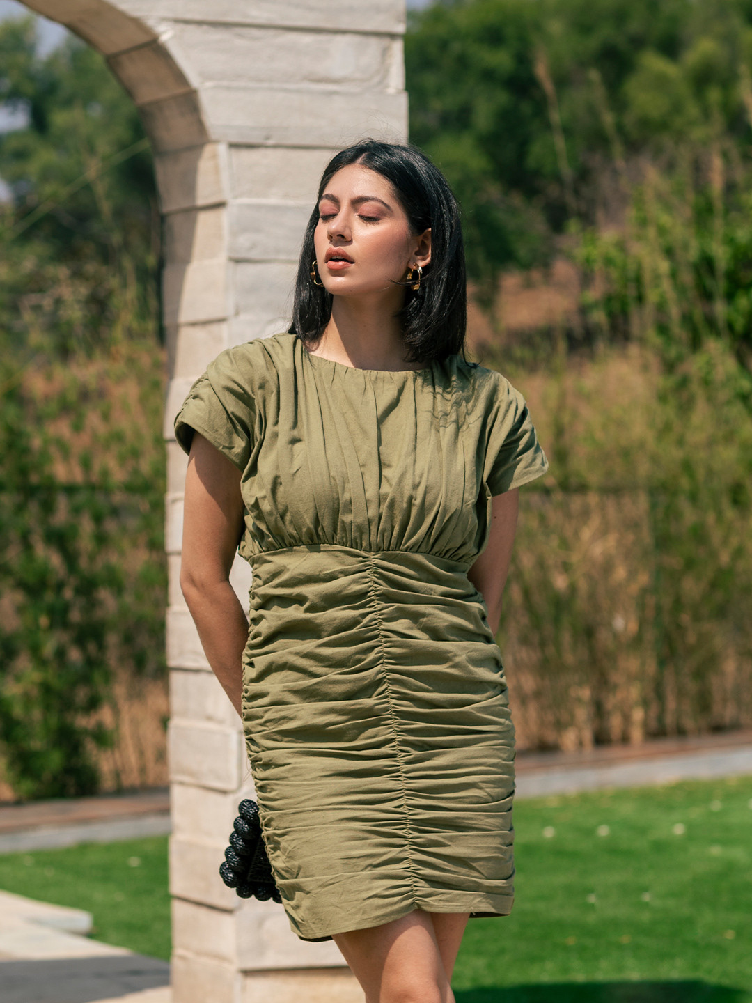 ELEVEN.O.ONE Striped Cape Sleeve Bodycon Dress