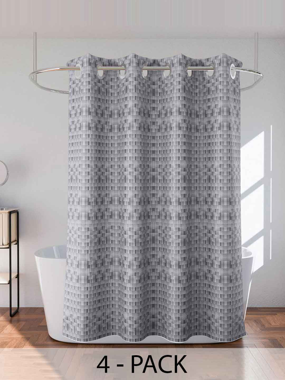 Kuber Industries Grey 4 Pieces Geometric Printed Shower Curtains