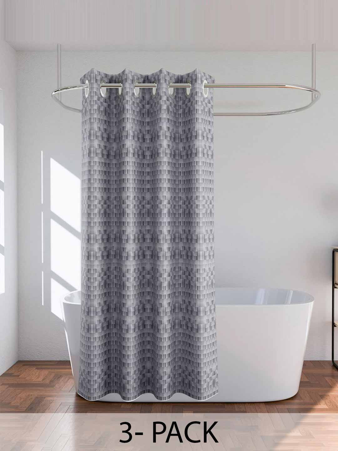 Kuber Industries Grey 3 Pieces Geometric Printed Shower Curtains
