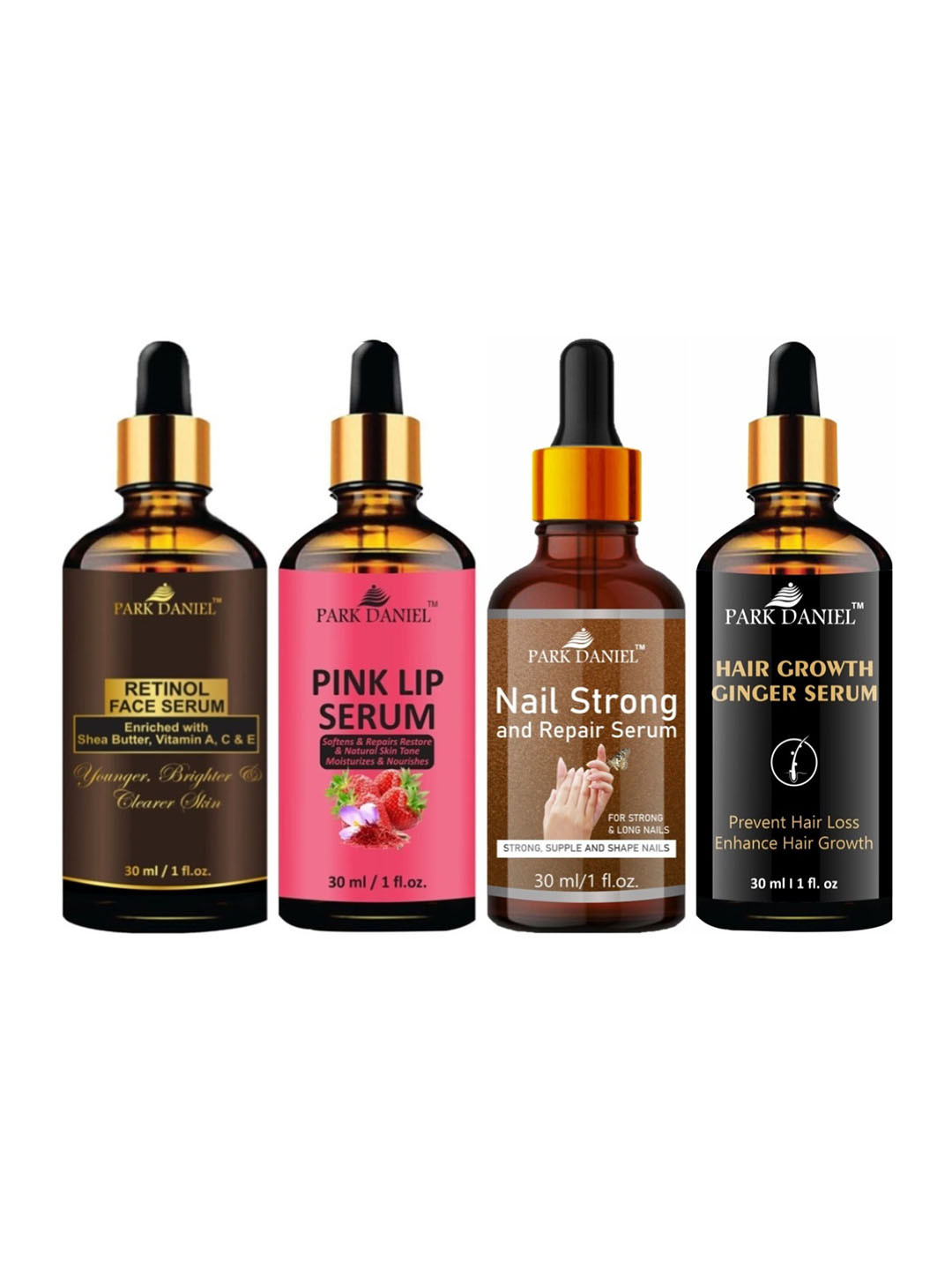 Park Daniel Set Of 4 Retinol Face Serum, Pink Lip Serum, Nail Strong Serum & Hair Serum