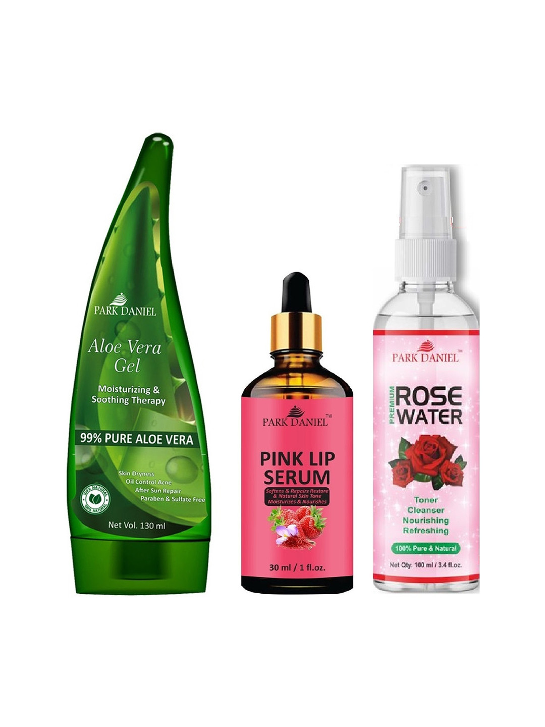 Park Daniel Set Of 3 Aloe Vera Gel - 130ml, Pink Lip Serum - 30ml & Rose Water - 100ml