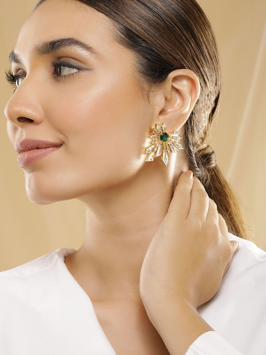 Rubans 18K Gold-Plated Emerald Green & Cubic Zirconia Studded Statement Stud Earrings