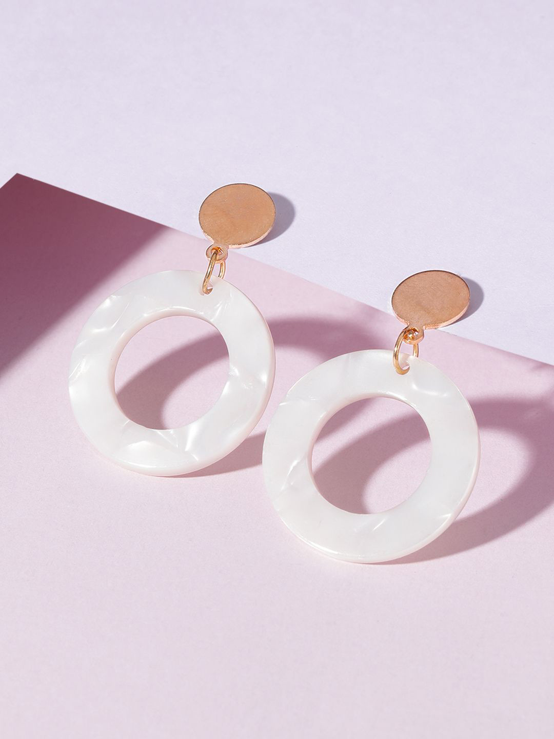 Rubans 18K Gold Plated White Resin Textured Hoop Drop Earrings with Contemporary Design