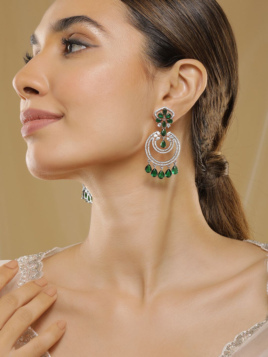 Rubans 18K Gold-Plated Emerald & Zirconia Studded Green Beaded Long Chandbali Earring