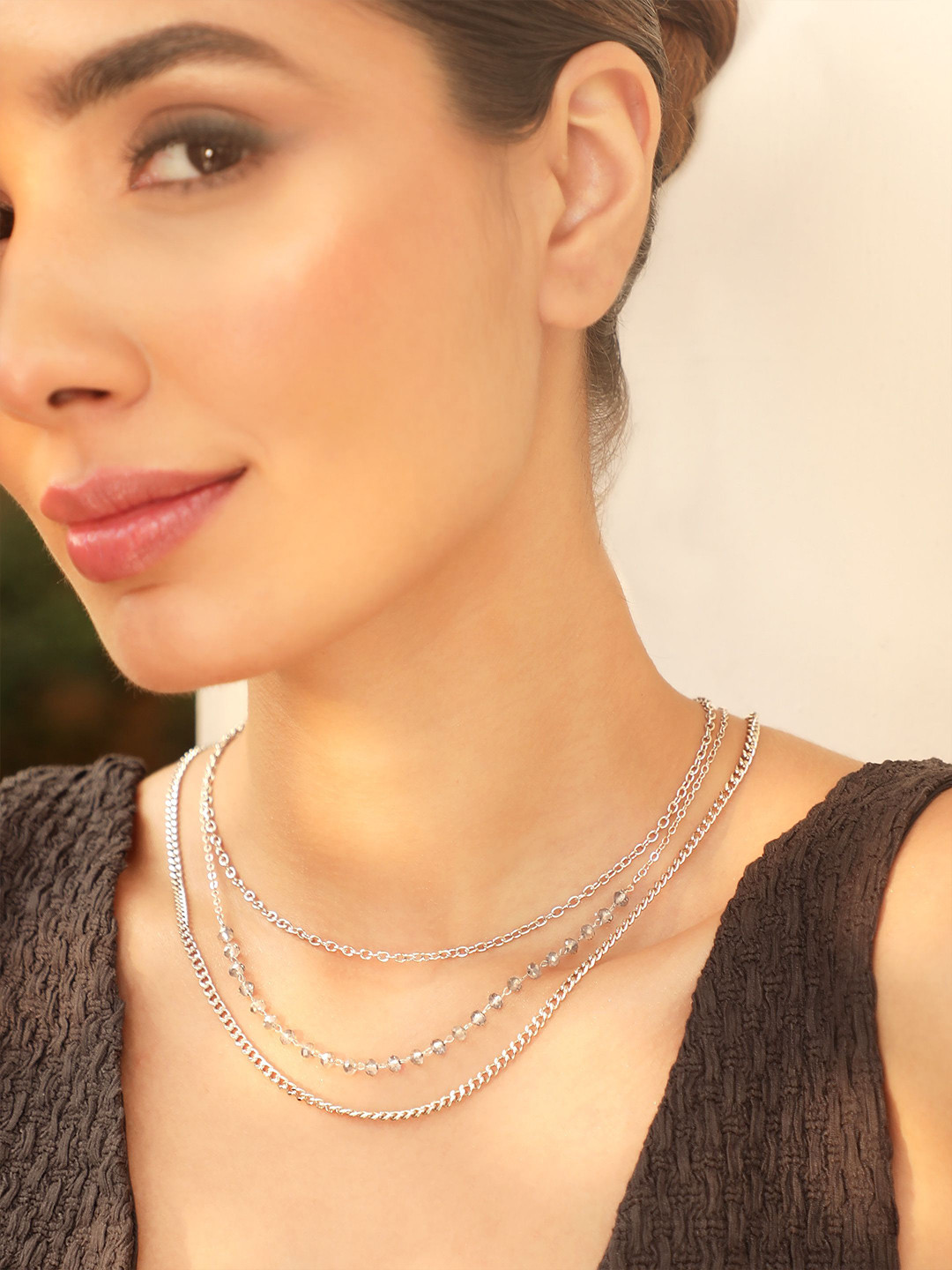 Rubans Rhodium-Plated Crystal Beaded & Chain-Link Multi-Layered Necklace