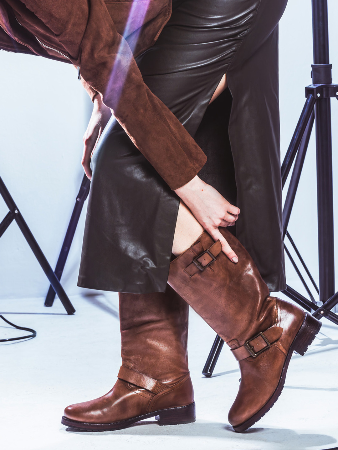 Saint G Women Dark Brown Leather Block-Heeled Calf Boots