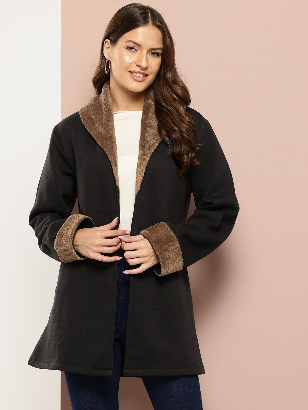Qurvii Front-Open Pea Coat With Faux Fur Detail