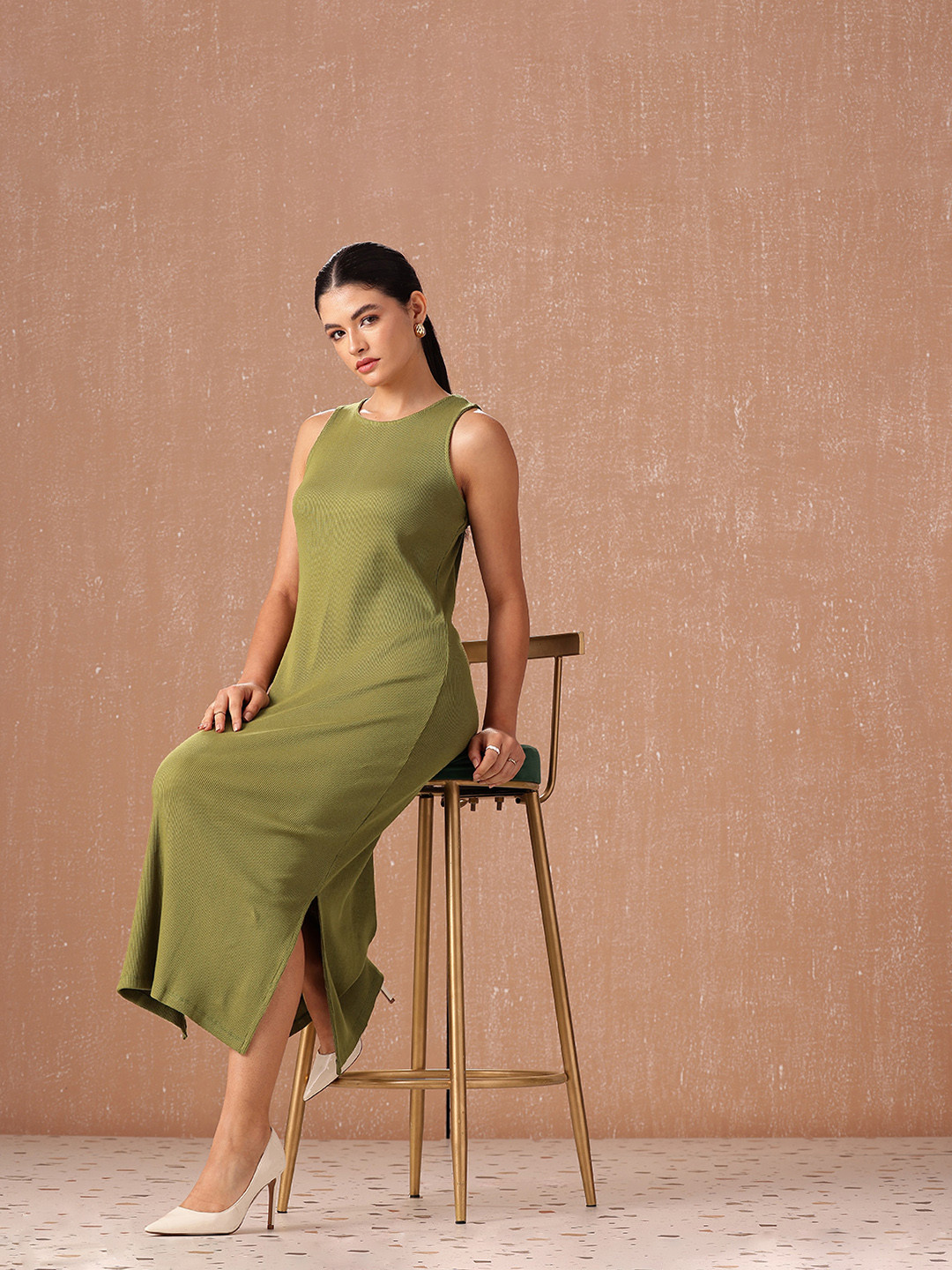 all about you Pure Cotton Ribbed Sleeveless Side Slits Sheath Midi Dress