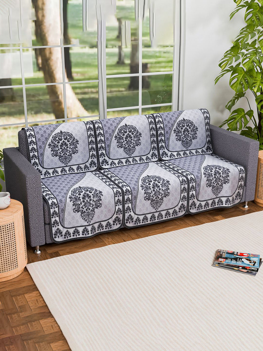 Kuber Industries Black & Grey Set Of 6 Floral Printed 3 Seater Cotton Sofa Cover