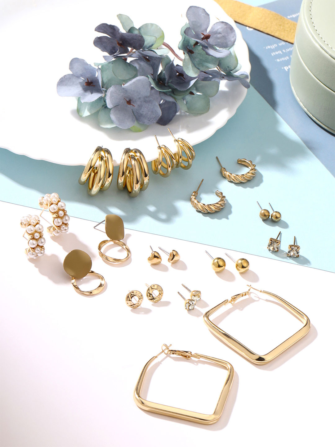 Yellow Chimes Pack of 12 Pairs Gold Plated Artificial Stones and Bead Studs Stud Earrings