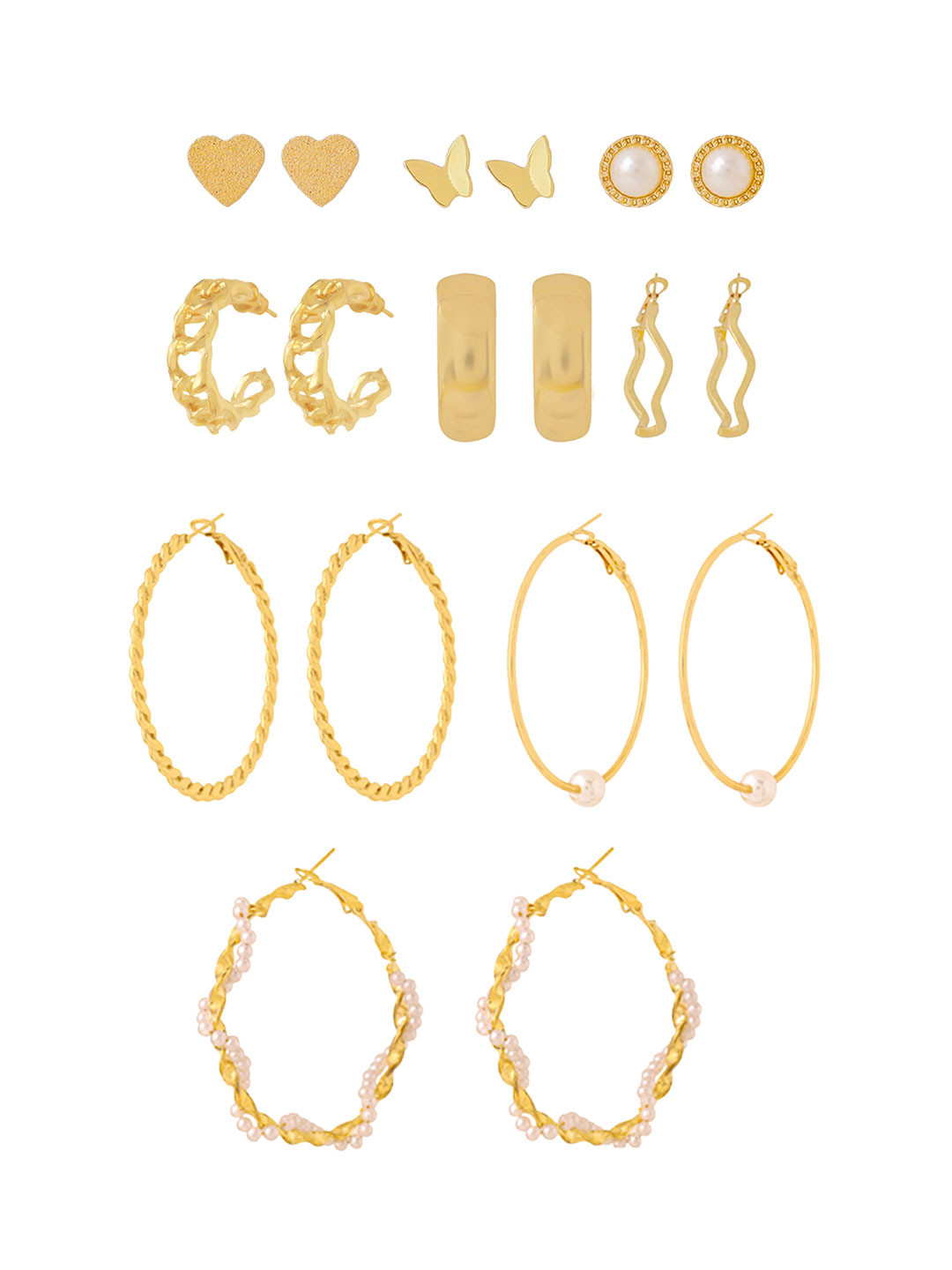 Yellow Chimes Pack of 9 Pairs Gold Plated Artificial Stones and Bead Contemporary Hoop Earrings