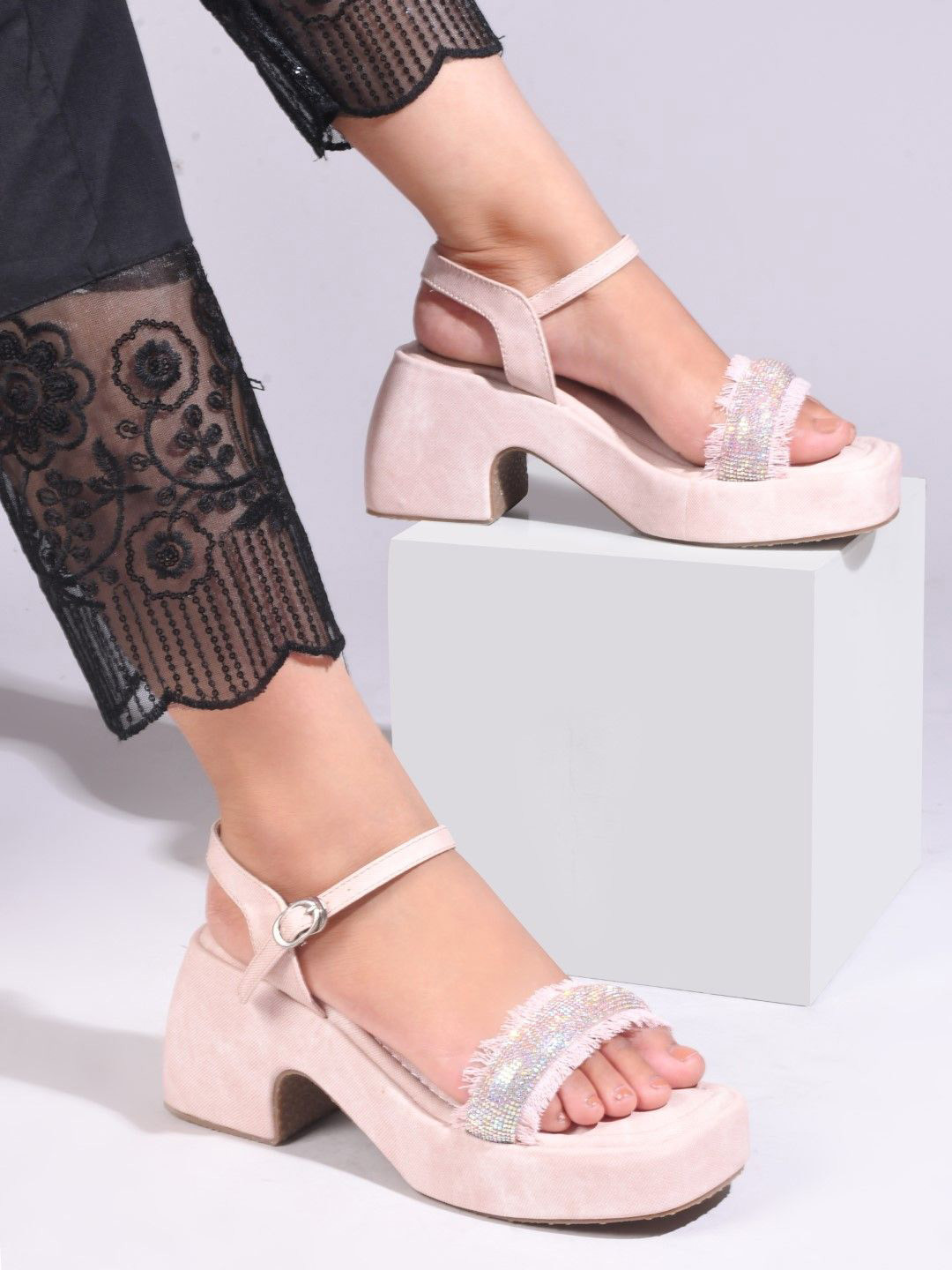 JM Looks Women Textured Rhinestone Straps Block Heels Sandals