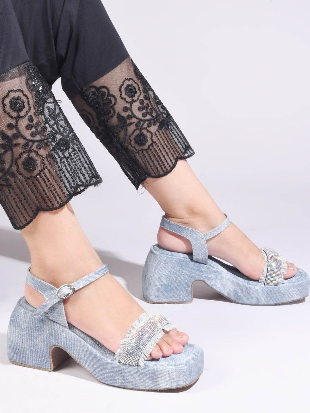 JM Looks Women Rhinestone Embellished Denim Block Sandals