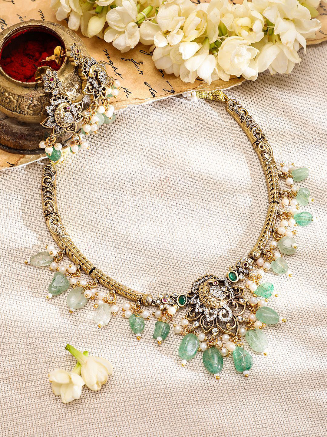 Rubans 22K Gold-Plated with Green Beads Pearls & Cubic Zirconia Brass Jewellery Set