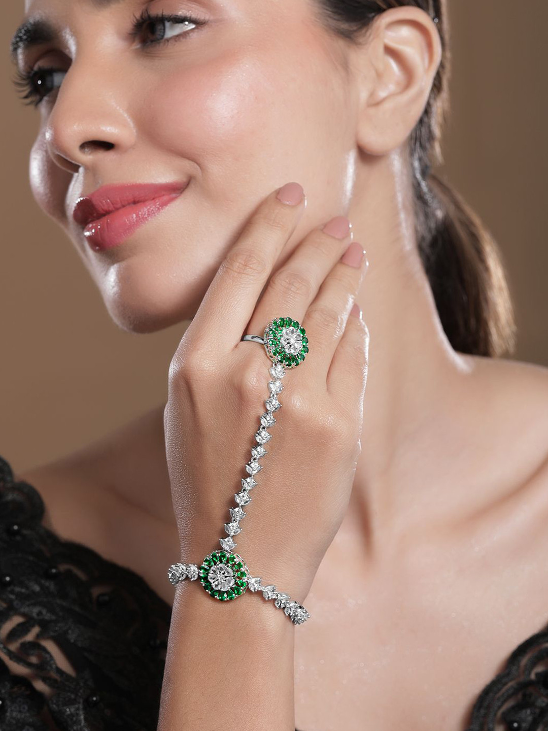Rubans Rhodium-Plated Emerald & Cubic Zirconia Hand Harness Ring Bracelet