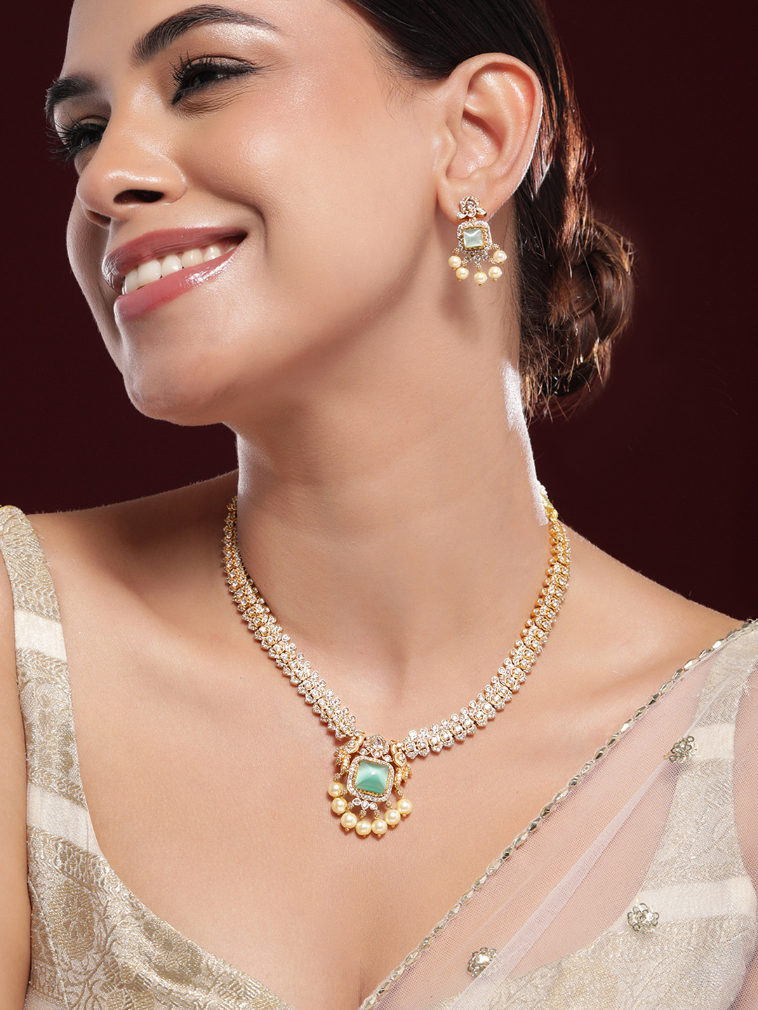 Rubans 22K Gold-Plated Aqua AD & White CubicZirconia Studded Jewellery Set with Pearl Drop