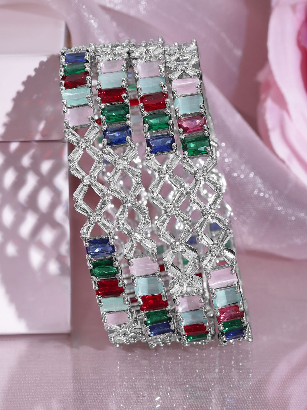 Rubans Set of 4 Rhodium-Plated Multicolor Stone & White Cubic Zirconia Studded Bangles