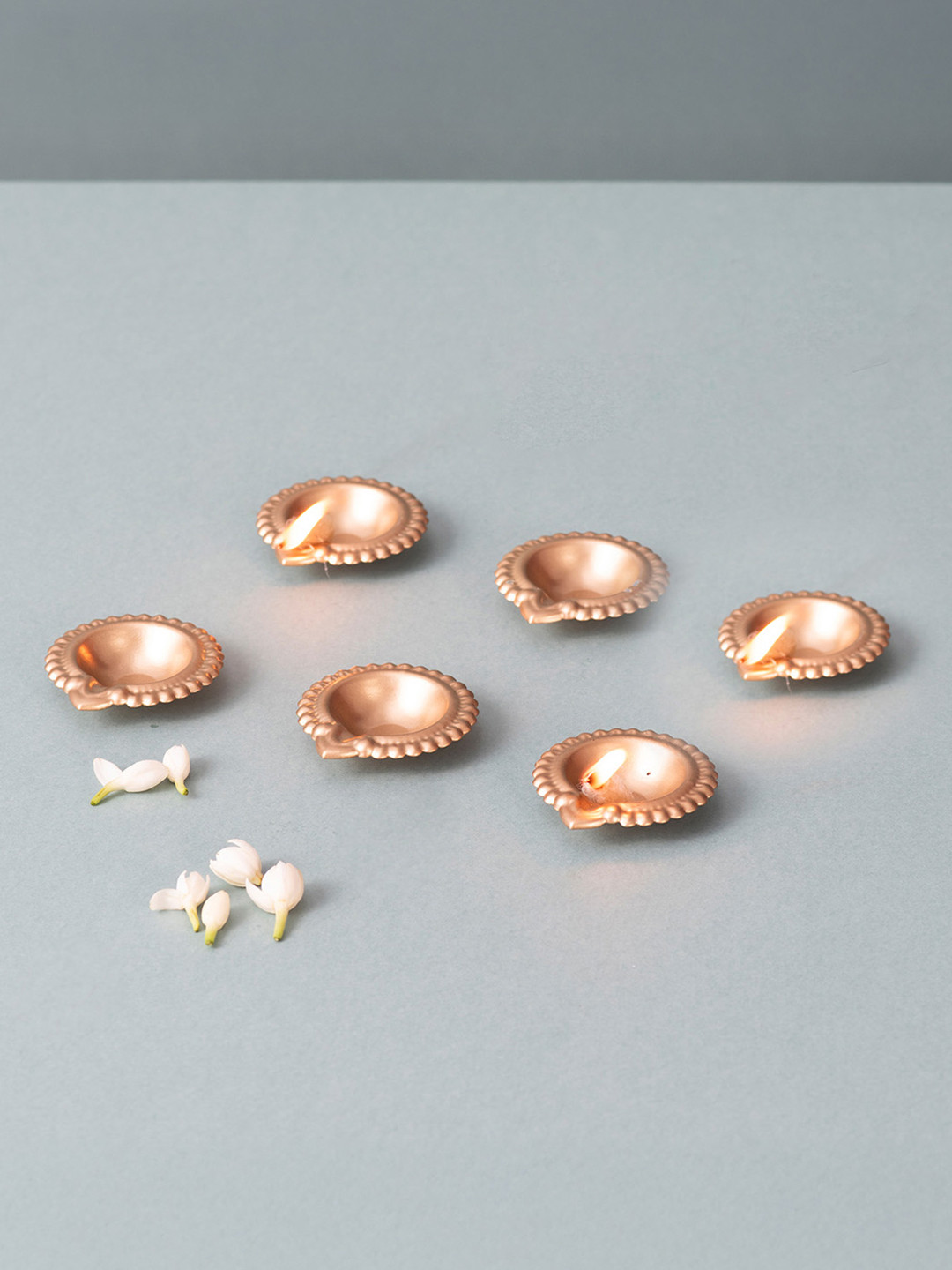 nestroots Set Of 6 Golden Plated  Floral Design Diyas