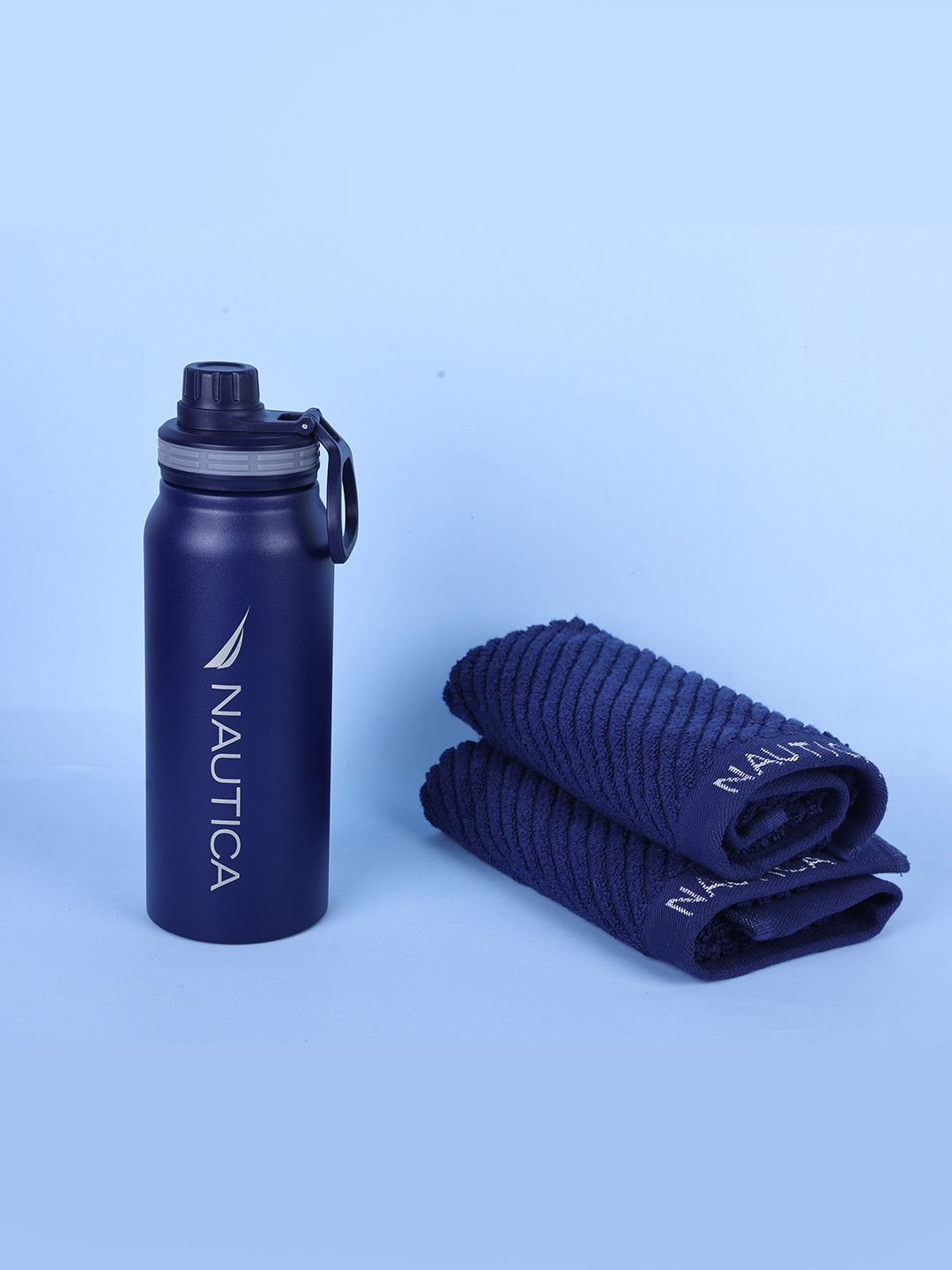 Nautica Navy Blue Stainless Steel Printed Smart Vacuum Water Bottle With Gym Towels