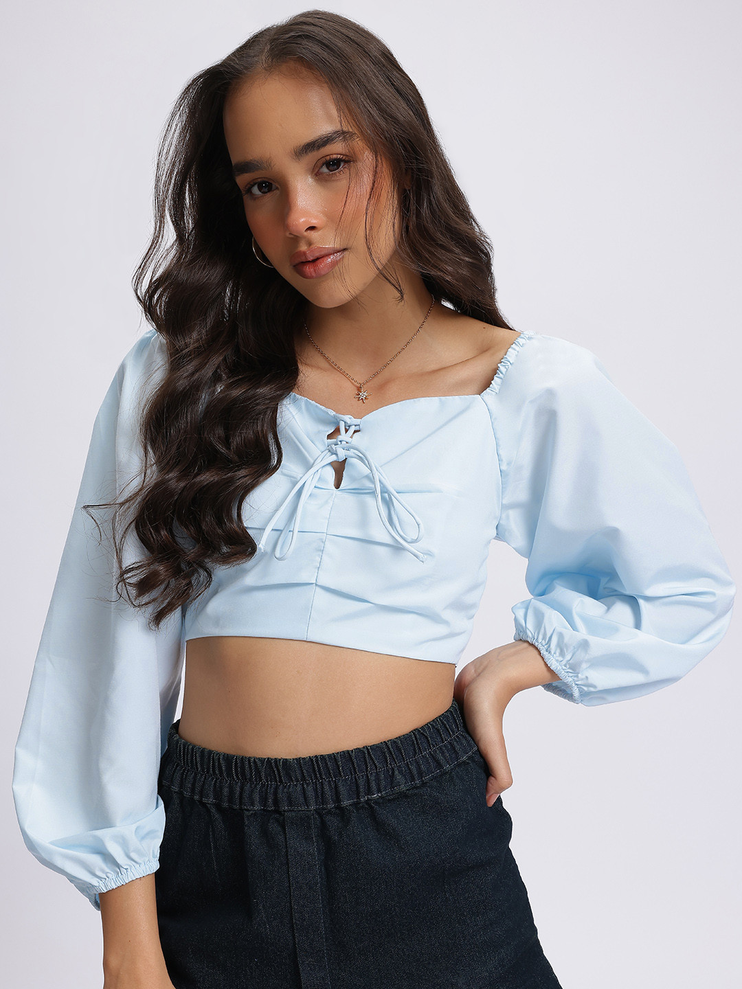 DressBerry Pastel Paradise Tie-Up Pleated Smocked Back Crop Top