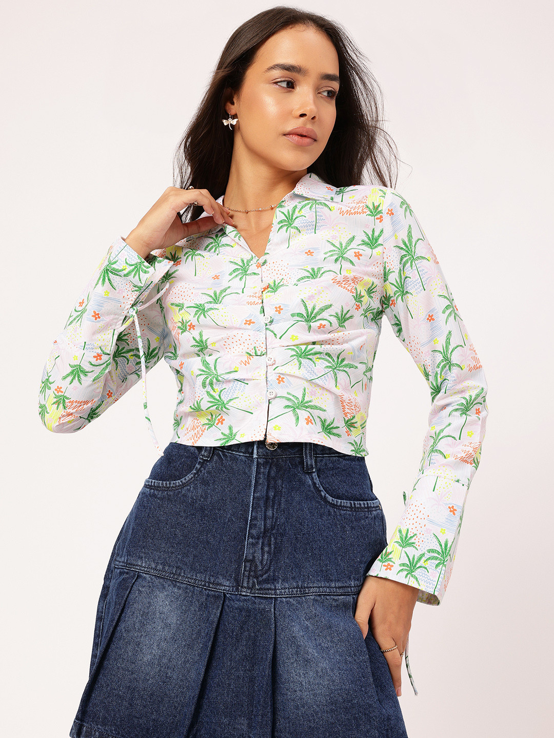 DressBerry Tropical Gathered Fitted Button-Up Top