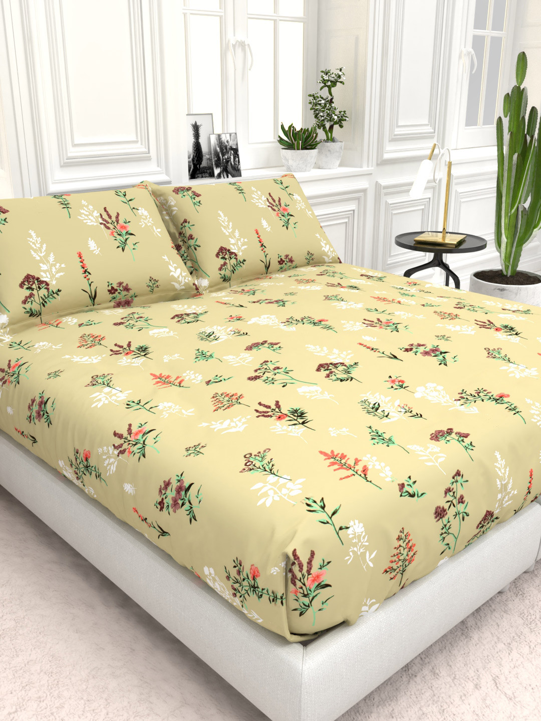 THE WHITE MOSS Green Floral Cotton 210 TC King Fine Bedsheet with 2 Pillow Covers-108 x 108 inches