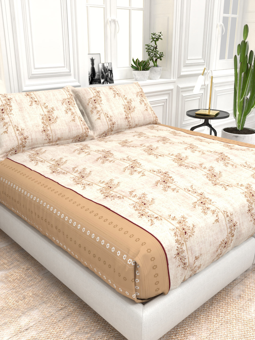 THE WHITE MOSS Cream Floral Cotton 210 TC King Fine Bedsheet with 2 Pillow Covers-275 x 275 cm
