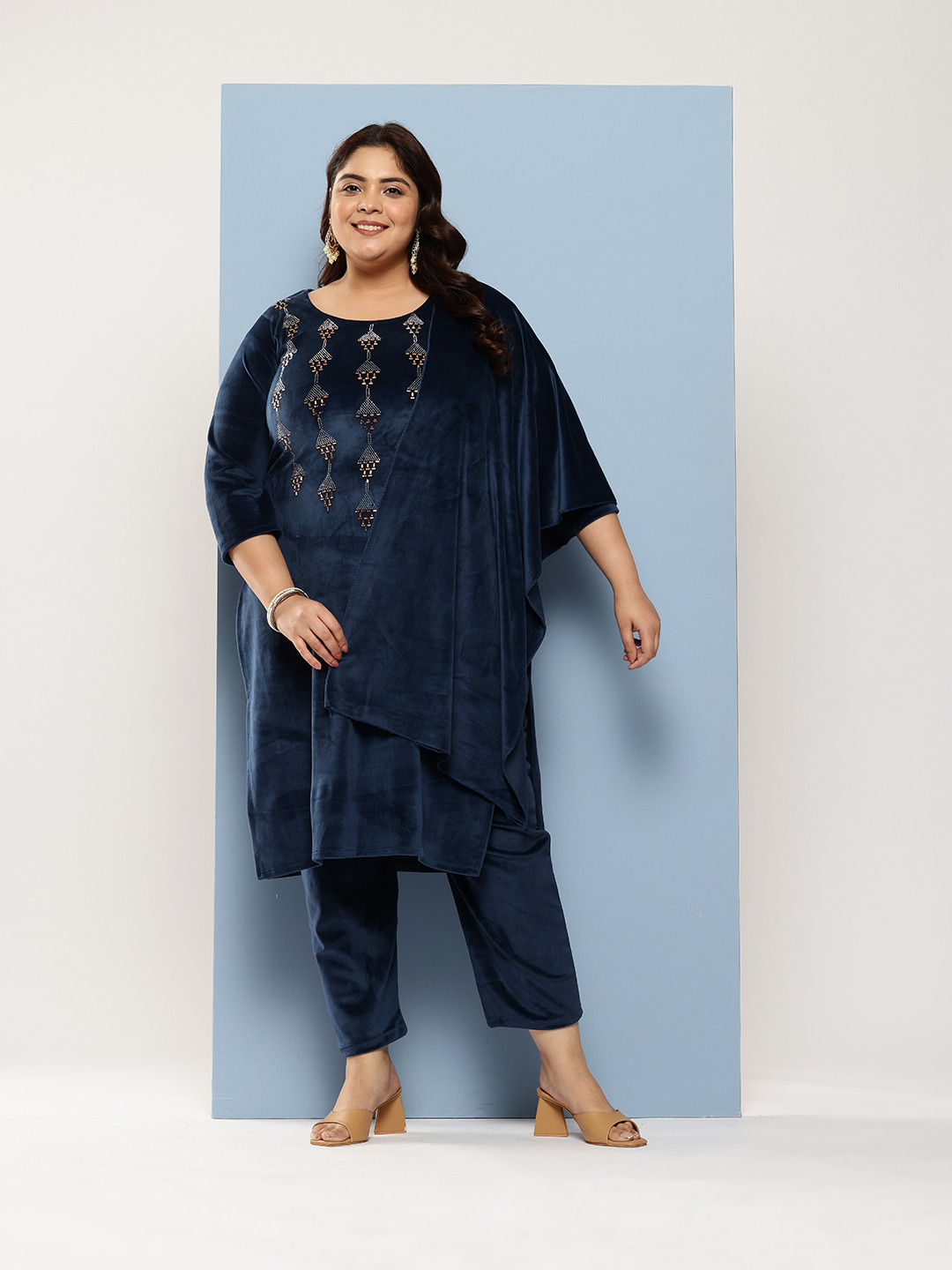Aarika Plus Size Beads & Stones Pure Cotton Velvet Kurta With Trousers & Dupatta