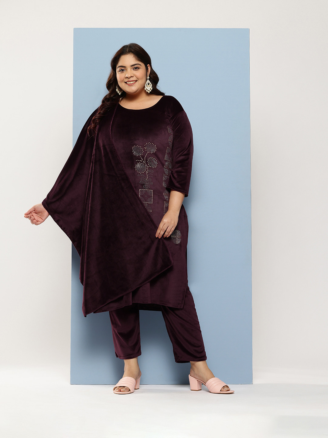 Aarika Plus Size Beads and Stones Embellished Pure Cotton Kurta with Trousers & Dupatta