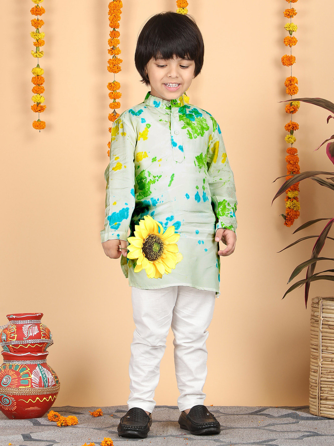 Polka Tots Boys Printed Band Collar Pure Cotton Straigt Holi Kurti with Pyjamas