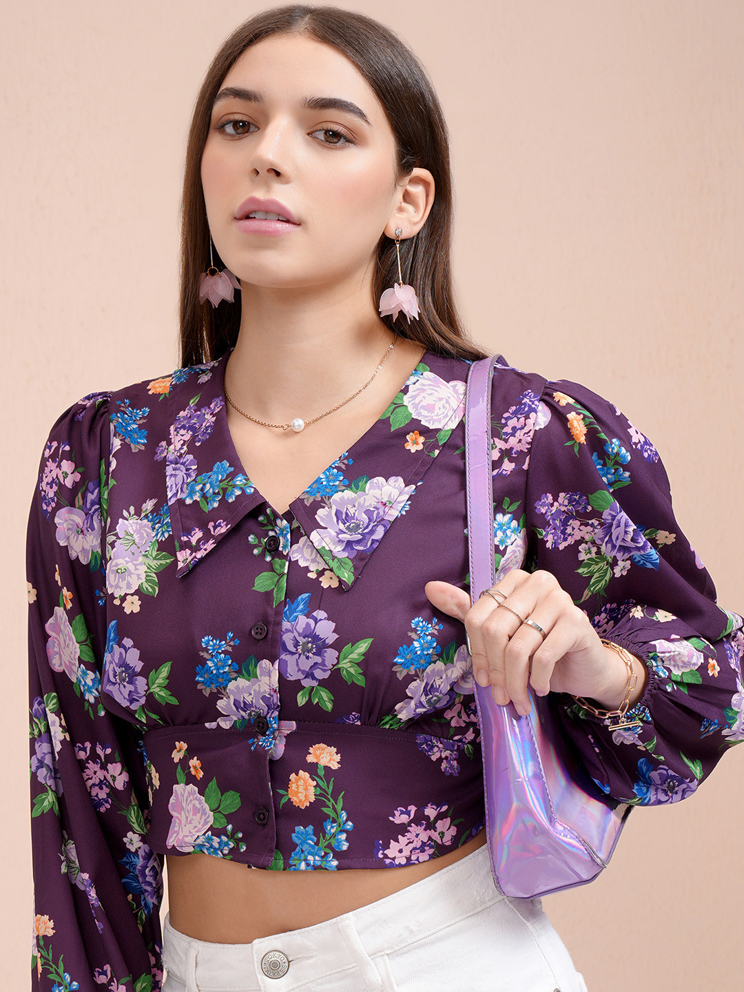 Tokyo Talkies Women Floral Printed Peter Pan Collar Puff Sleeve Blouson Crop Top