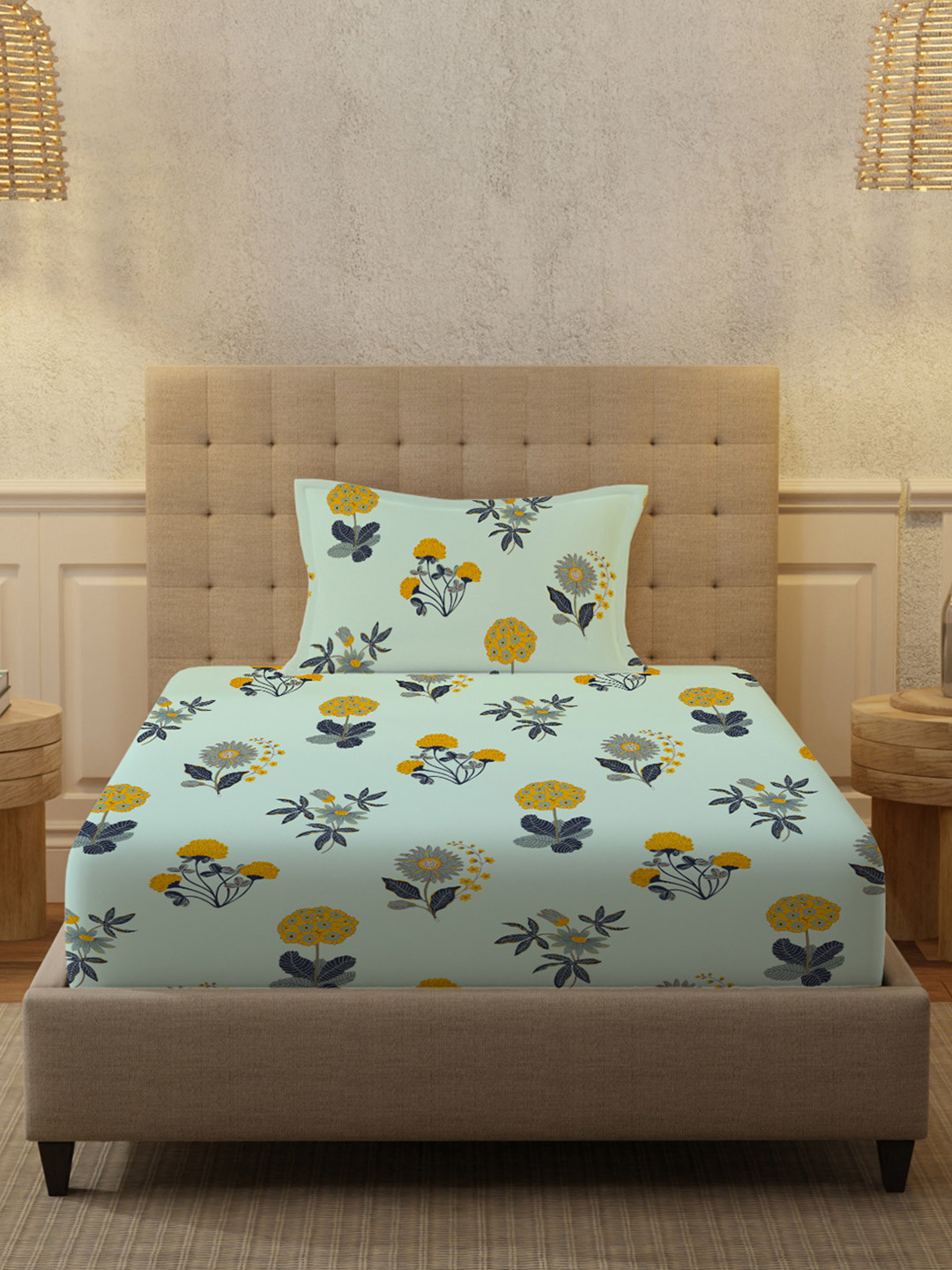 URBAN SPACE Radiance Blue Floral Cotton 200 TC Fitted Single Fine Bedsheet with a Pillow Cover-58 x 90 inches