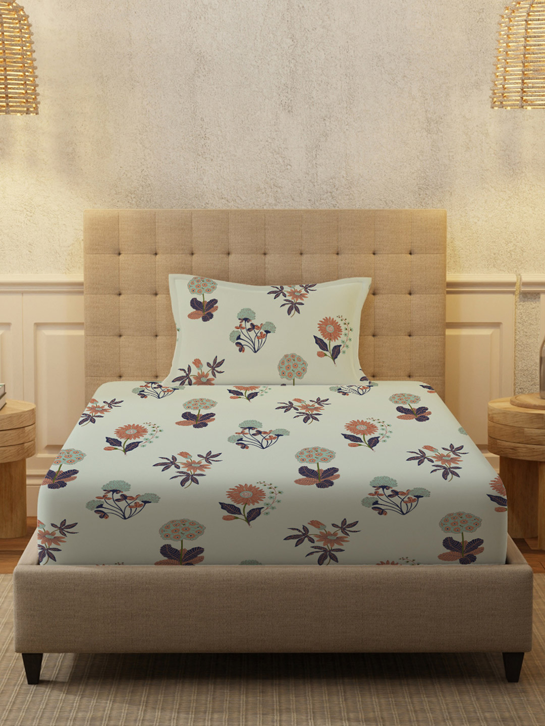 URBAN SPACE Radiance Green Floral Cotton 200 TC Single Fine Bedsheet w