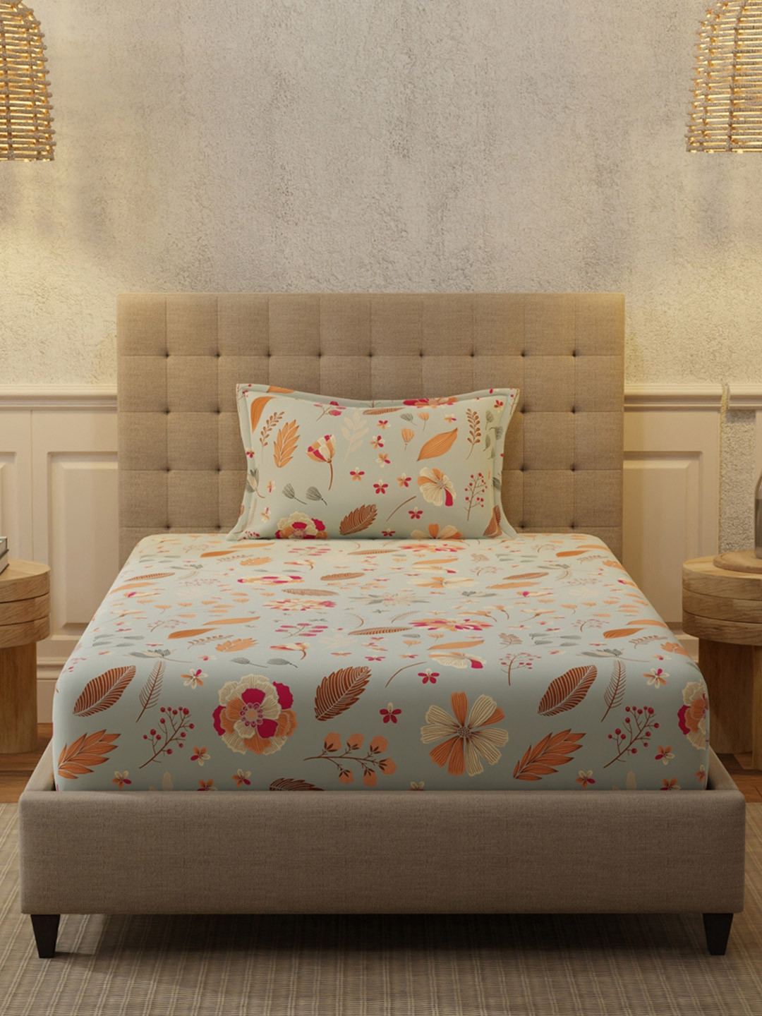 URBAN SPACE Florence Sea Green Floral Cotton 200 TC Fitted Single Fine Bedsheet with a Pillow Cover-58 x 90 inches