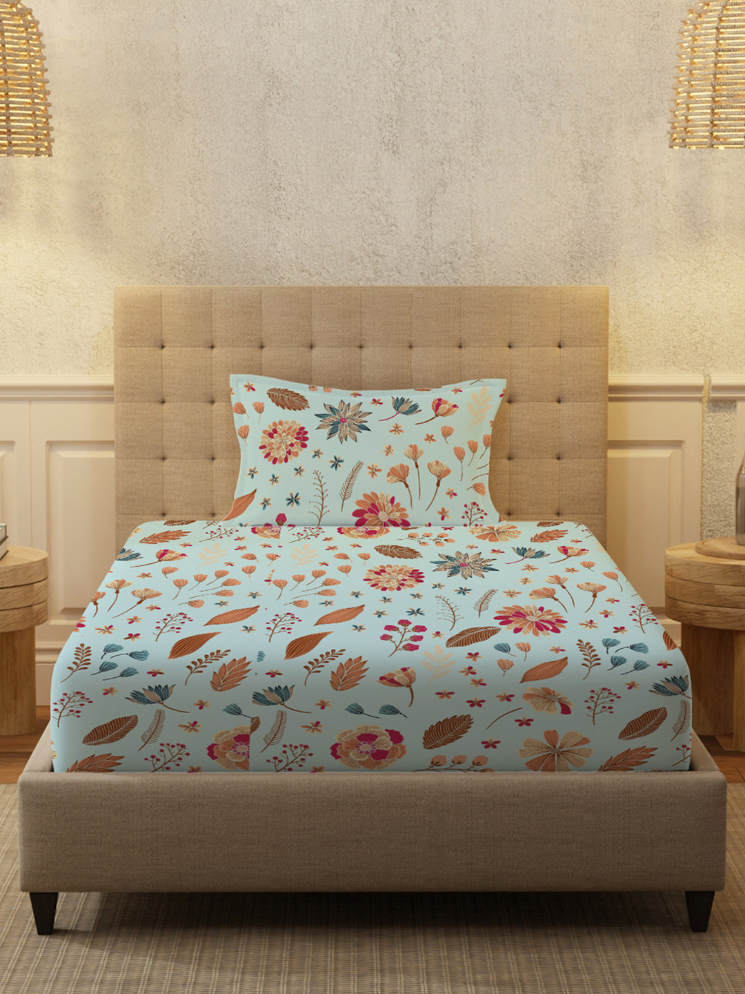 URBAN SPACE Blue Floral Cotton 200 TC Single Fine Bedsheet with a Pillow Cover-58 x 90 inches