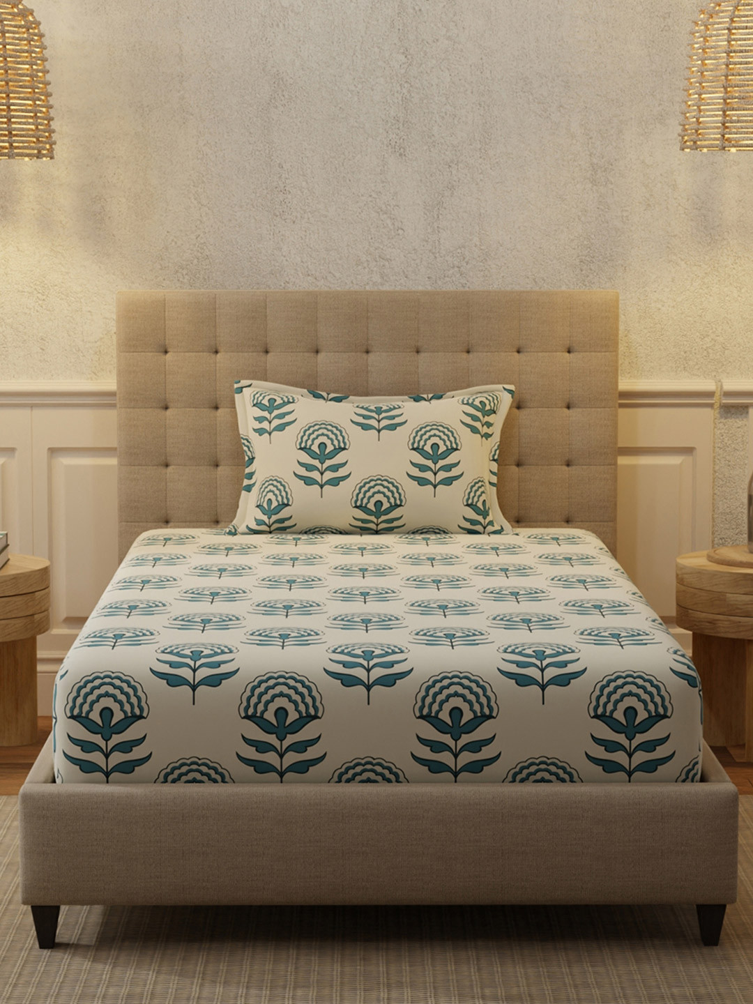 URBAN SPACE Florabell Blue Floral Cotton 200 TC Fitted Single Fine Bedsheet with a Pillow Cover-58 x 90 inches