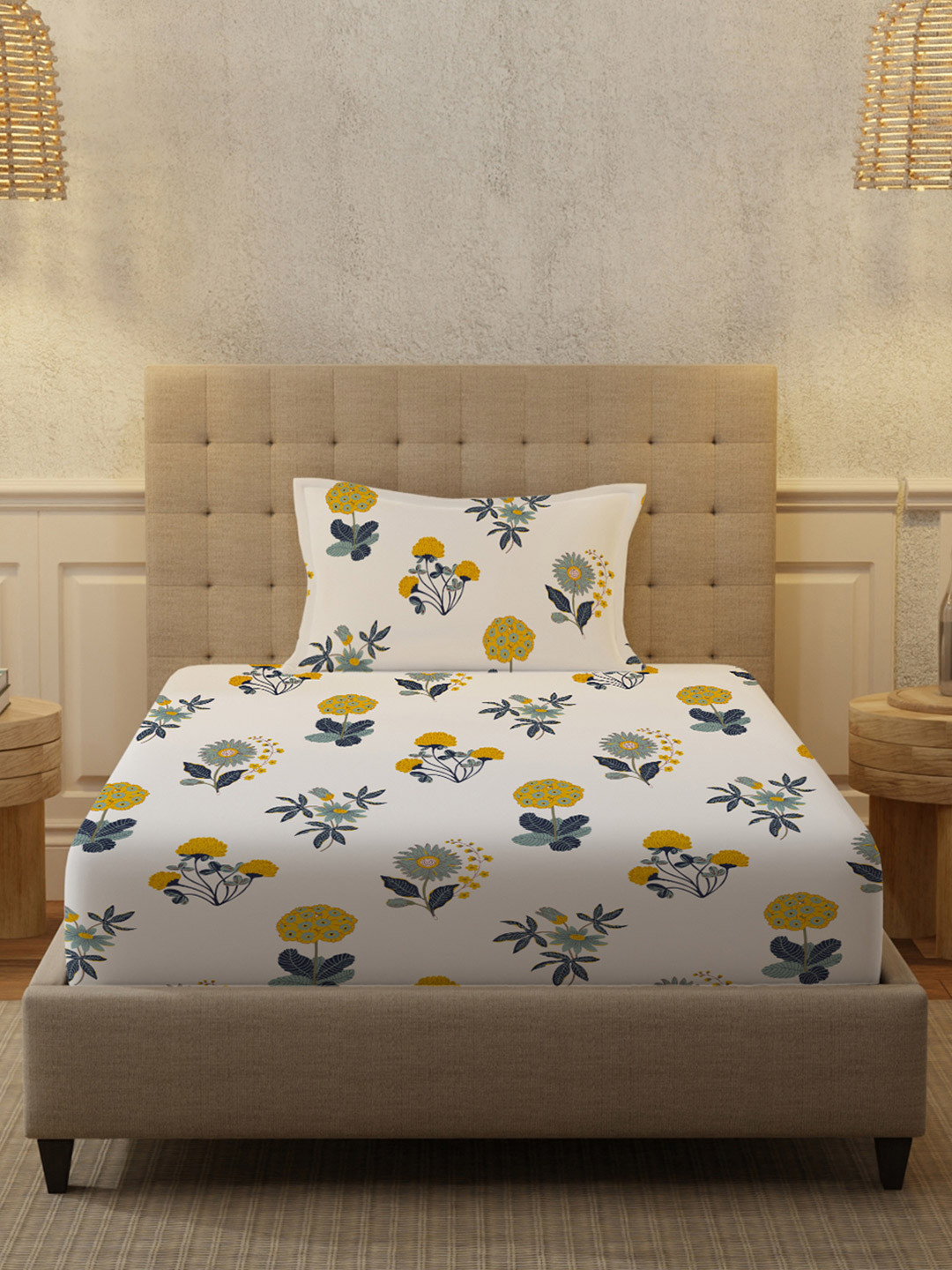 URBAN SPACE White Floral Cotton 200 TC Single Fine Bedsheet with a Pillow Cover-58 x 90 inches