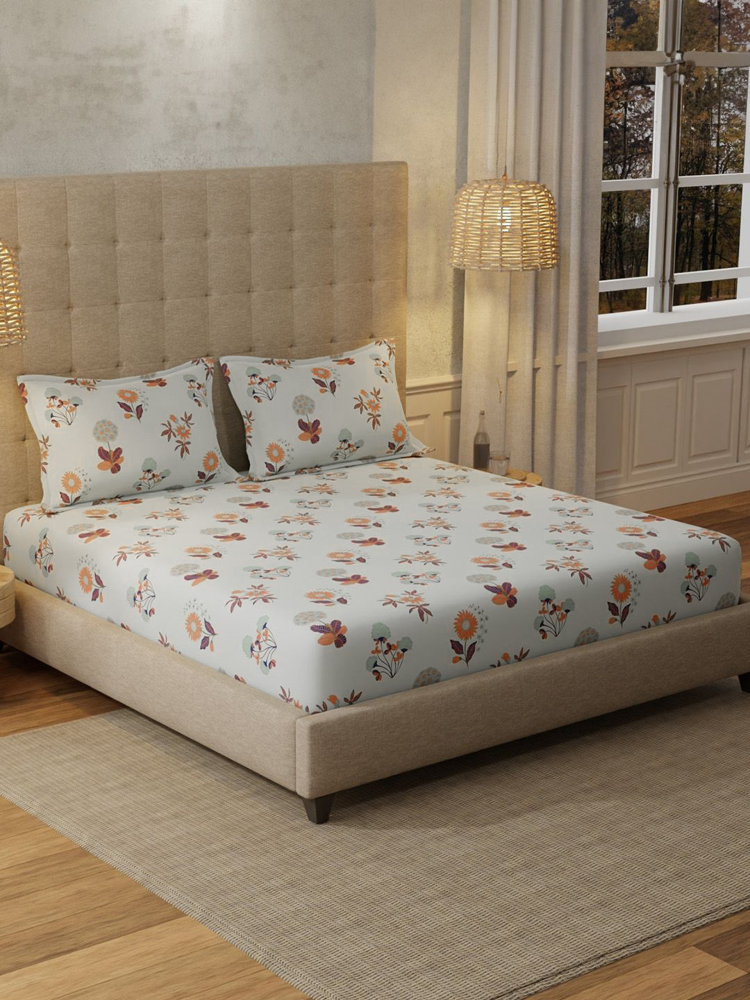 URBAN SPACE Radiance Grey Floral Cotton 200 TC Fitted Queen Fine Bedsheet with 2 Pillow Covers-88 x 100 inches