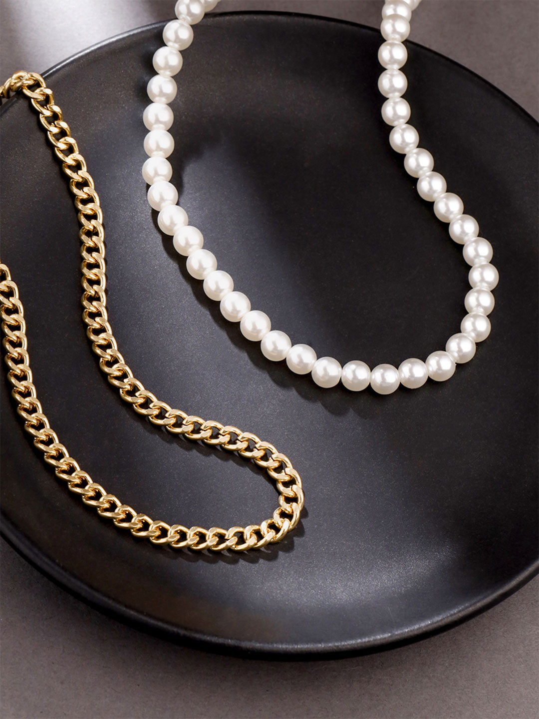 Yellow Chimes Men Set of 2 Gold-Plated Pearls Beaded Necklaces