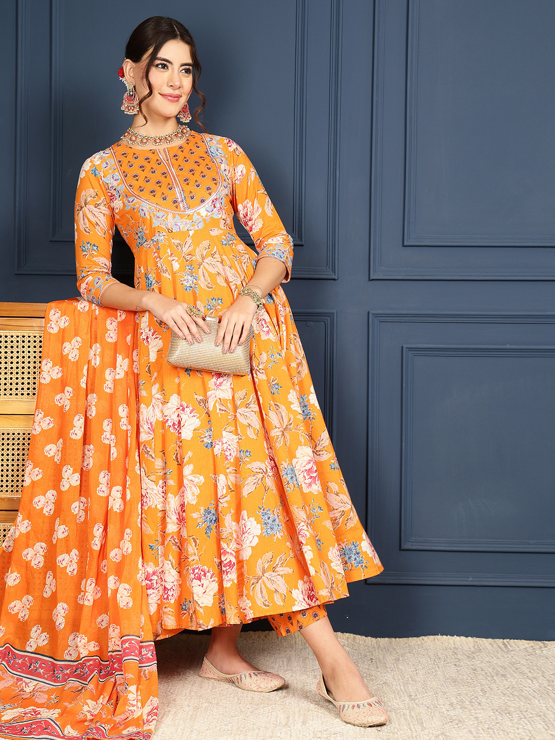KIMAYRA Floral Printed Pure Cotton Anarkali Kurta with Palazzos & Dupatta