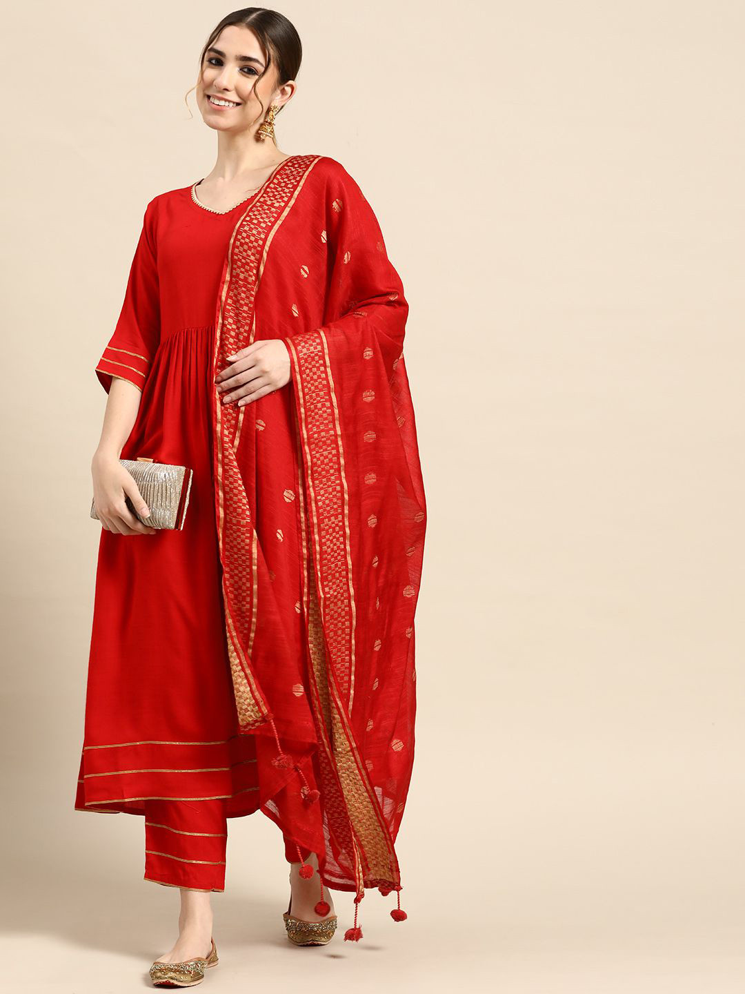 Gerua By Libas Womens Red Solid Viscose Anarkali Kurta With Trousers & Dupatta