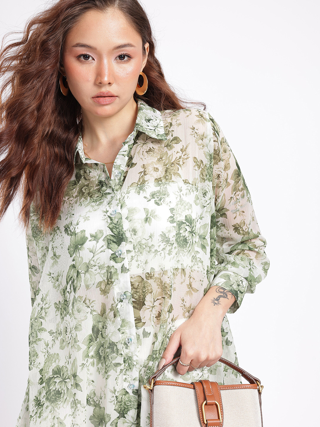 Stylecast X Hersheinbox Floral Printed Semisheer Casual Shirt