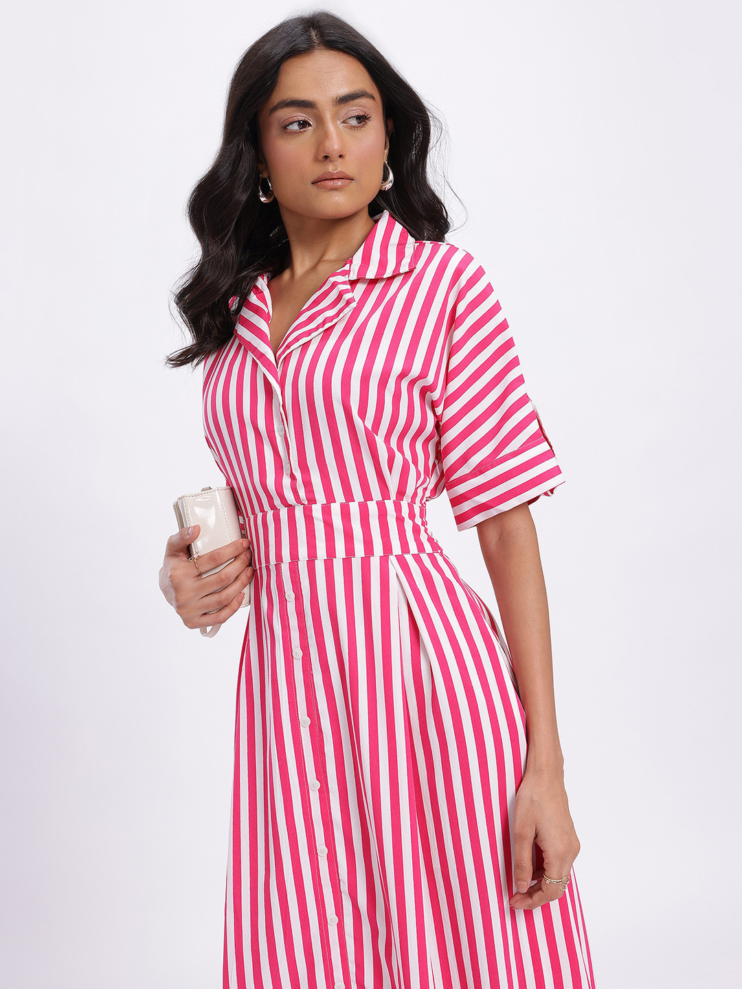 Stylecast X Hersheinbox Candy Striped Cuban Collar Maxi A-Line Dress