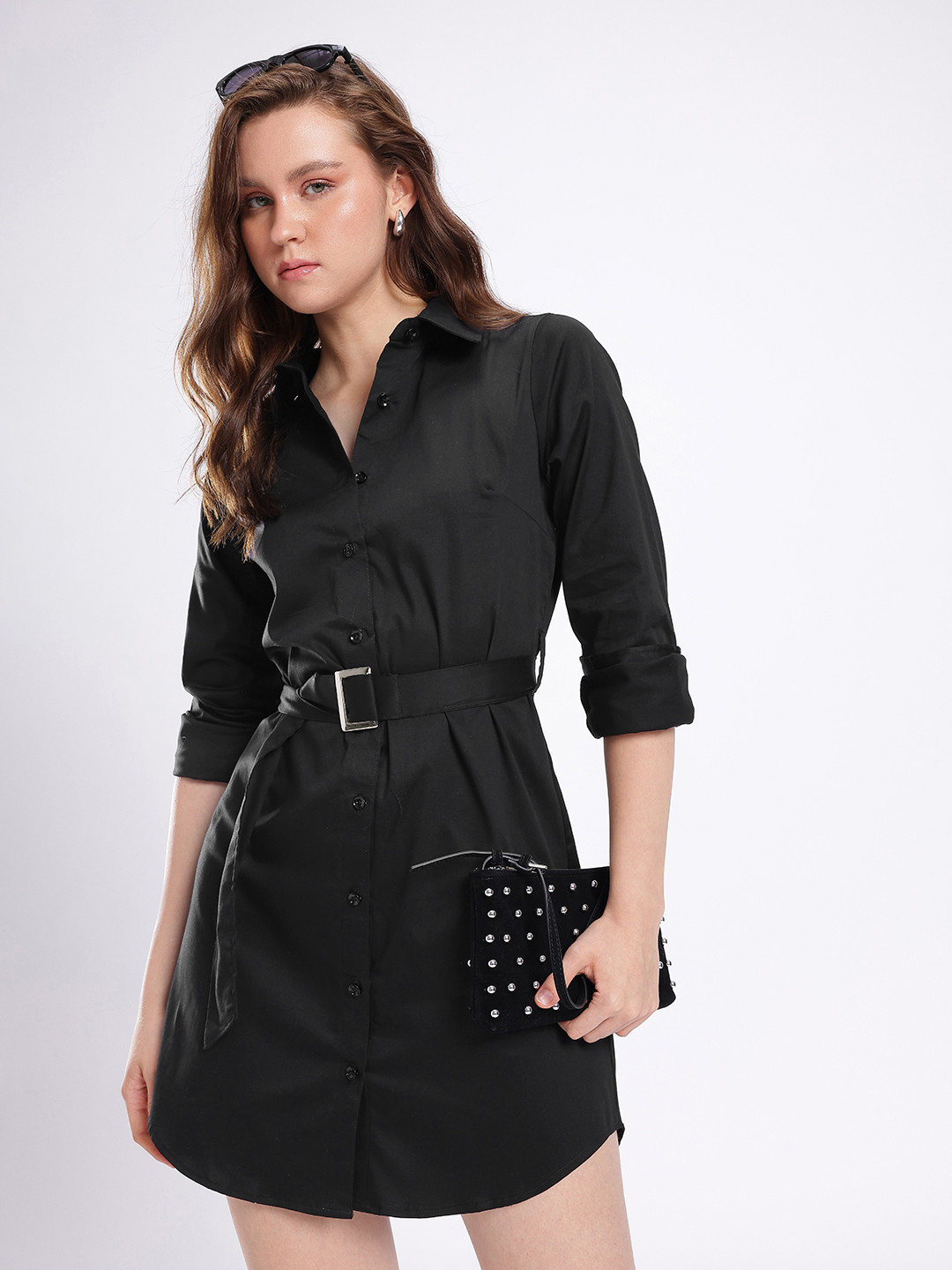 Stylecast X Hersheinbox High-Low Hem Shirt Style Mini Dress with Fabric Belt